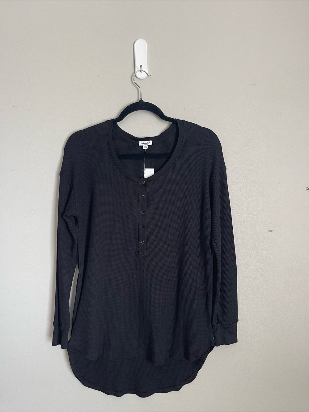 SPLENDID Black Waffle Knit Henley Long Sleeve Top Sz L